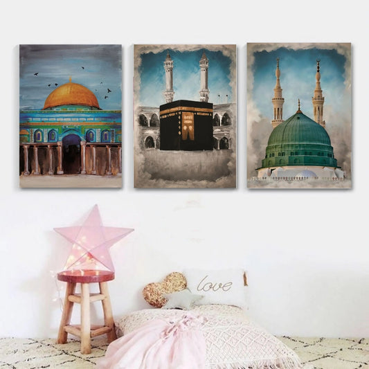3 Pcs Islamic Holiest Sites Representation Wallmate Set For Home Decoration