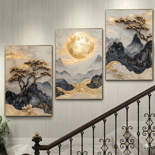 Luxury 3-Piece Landscape Wall Frame Set – Golden Moon & Blossoming Trees 12 X 16