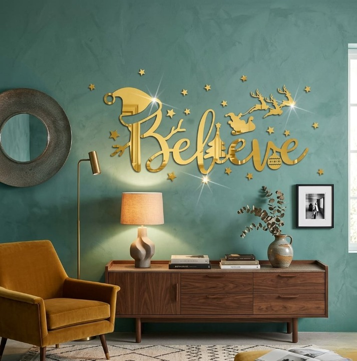 Acrylic Mirror "Believe" Wall Decoration – Large 3D Inspirational Wall Art Sticker Decals (2x6 Feet) - Golden